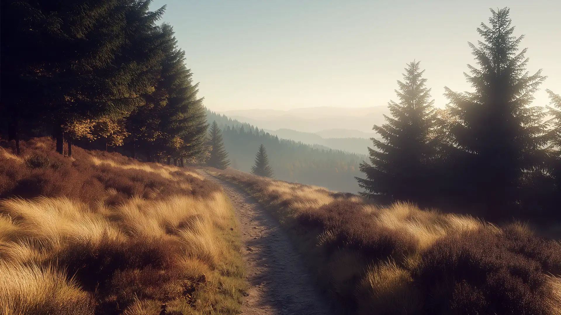 Blick über einen weiten Waldhang in sanftem Licht am Morgen – die Landschaft öffnet den Blick in die Ferne